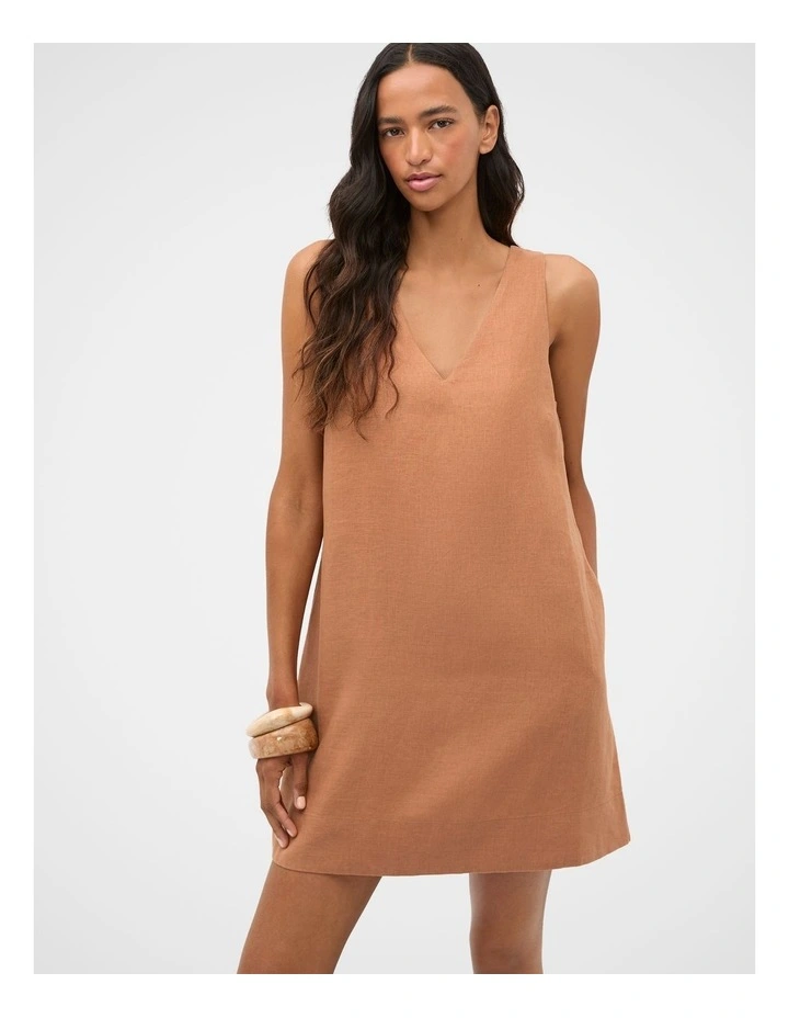 Linen V Neck Mini Dress in Copper image 1