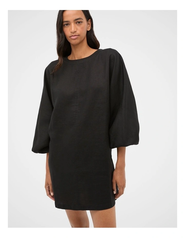 Linen Blouson Sleeve Dress in Black image 1