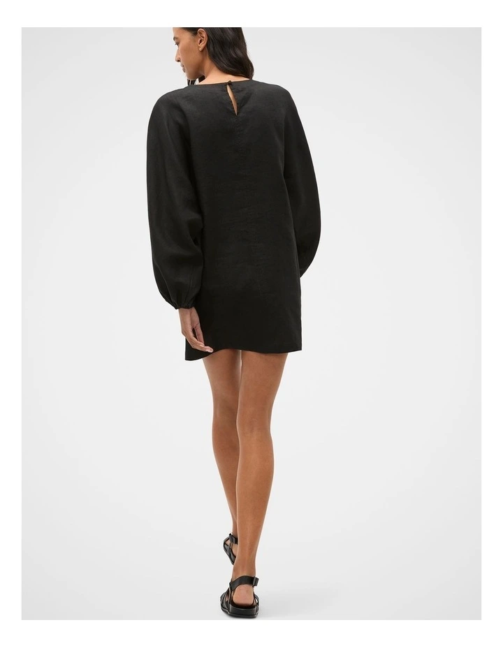 Linen Blouson Sleeve Dress in Black image 2