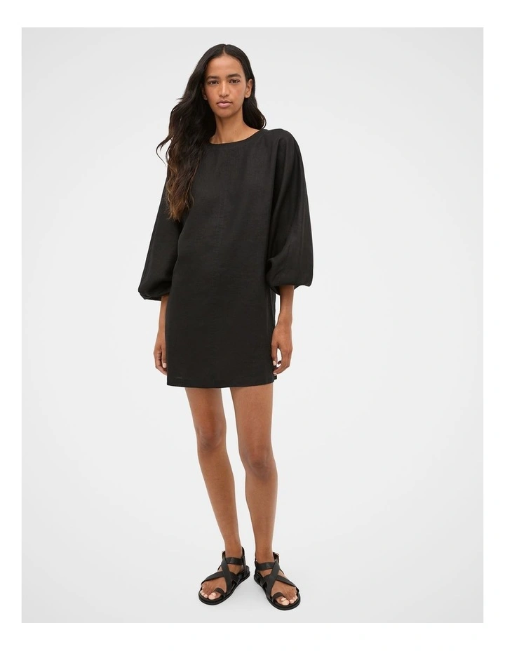 Linen Blouson Sleeve Dress in Black image 3