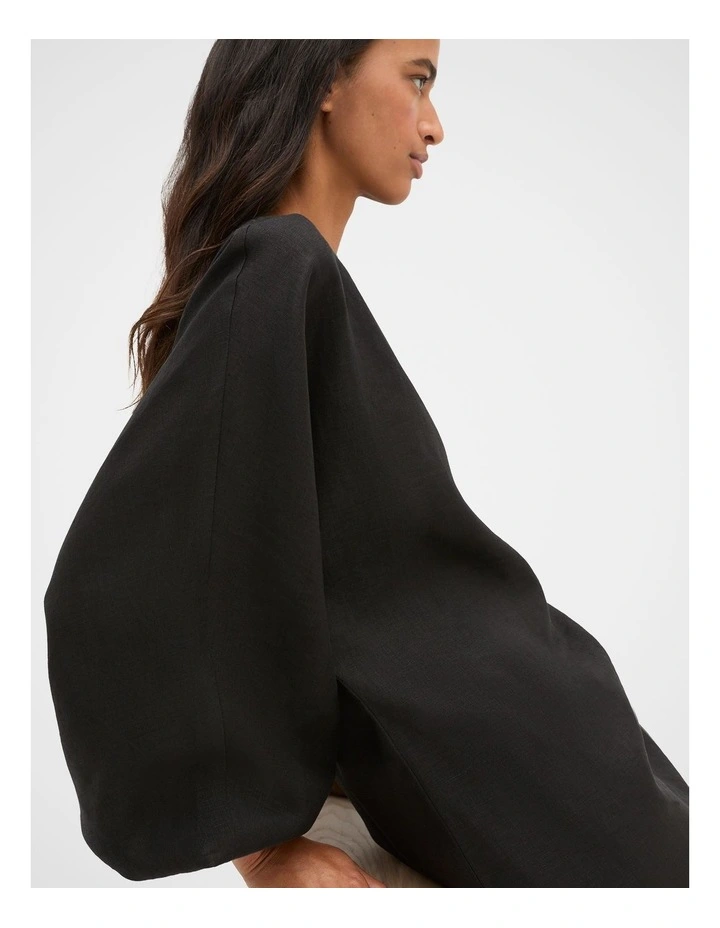 Linen Blouson Sleeve Dress in Black image 4