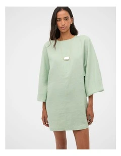Linen Blouson Sleeve Dress in Eucalyptus