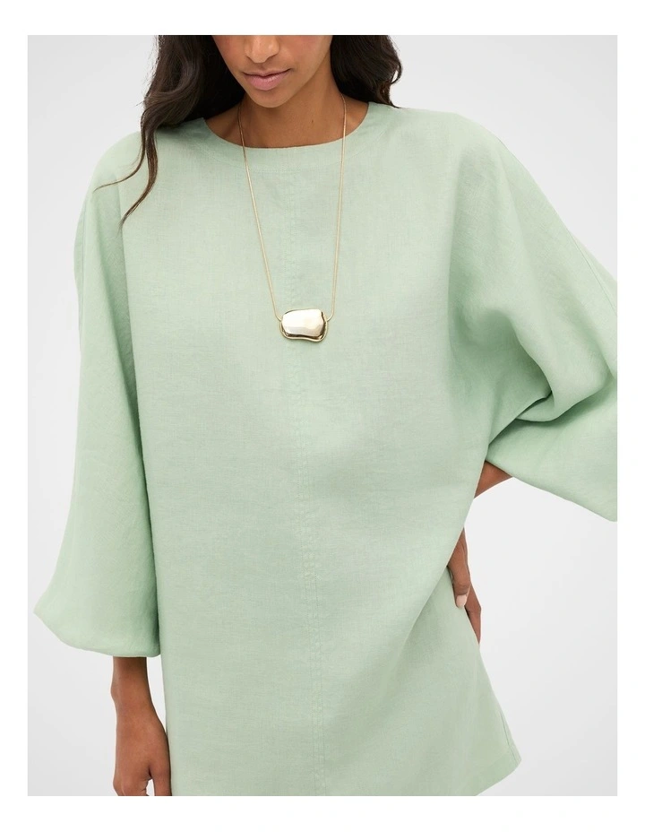 Linen Blouson Sleeve Dress in Eucalyptus image 3