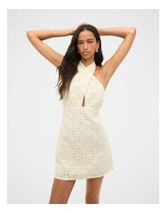 Tile Embroidery Halter Mini Dress in Coconut Cream