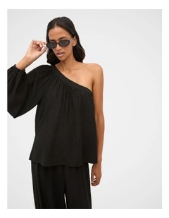 Plisse One Shoulder Top in Black