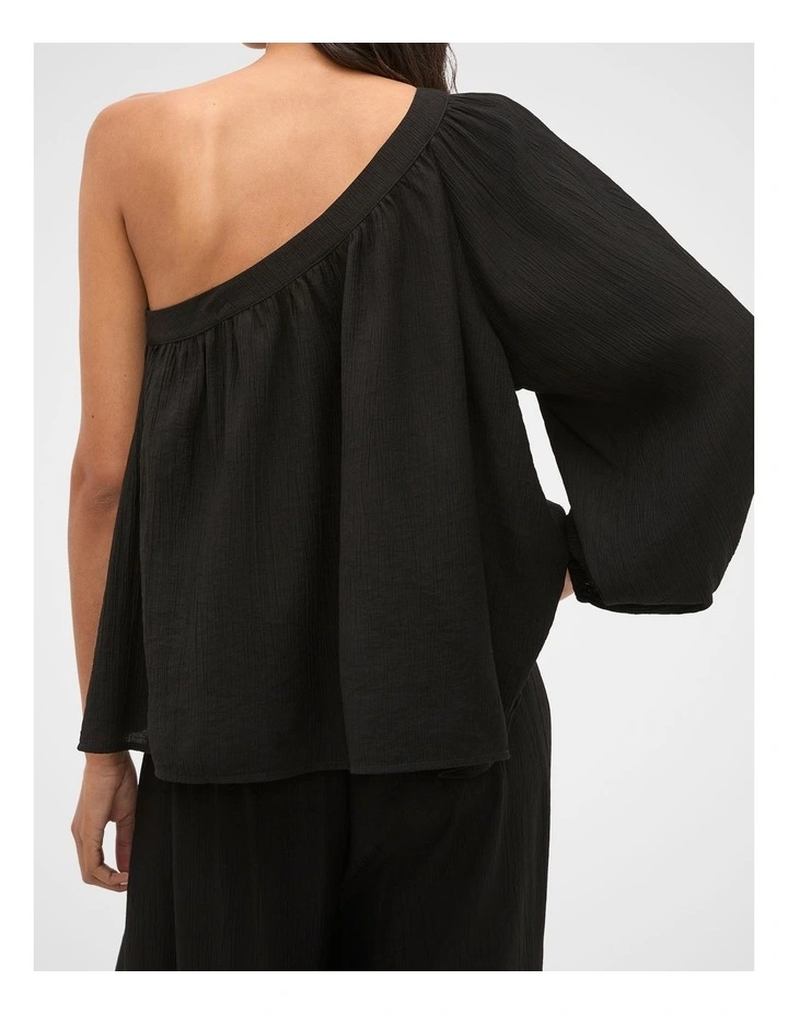Plisse One Shoulder Top in Black image 2