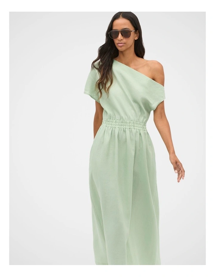 Linen Off Shoulder Maxi Dress in Eucalyptus image 3