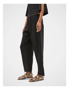 Linen Barrel Leg Elasticated Pant in Black