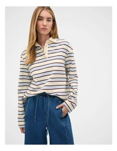 Relaxed Cotton Rugby Polo Top in Blue