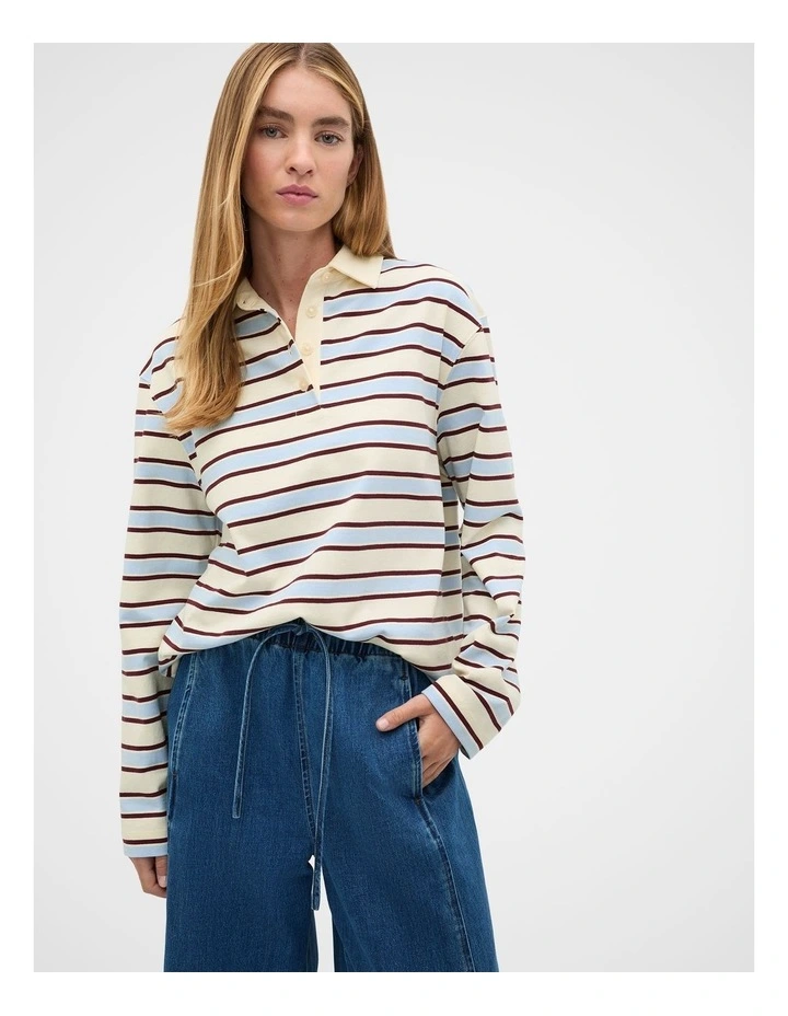 Relaxed Cotton Rugby Polo Top in Blue image 1