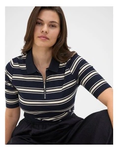 Variegated Rib Polo Top in Blue