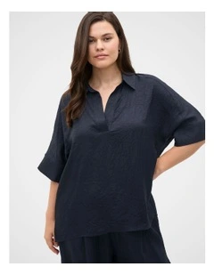 Textured Satin Collared Popover Top in Blue