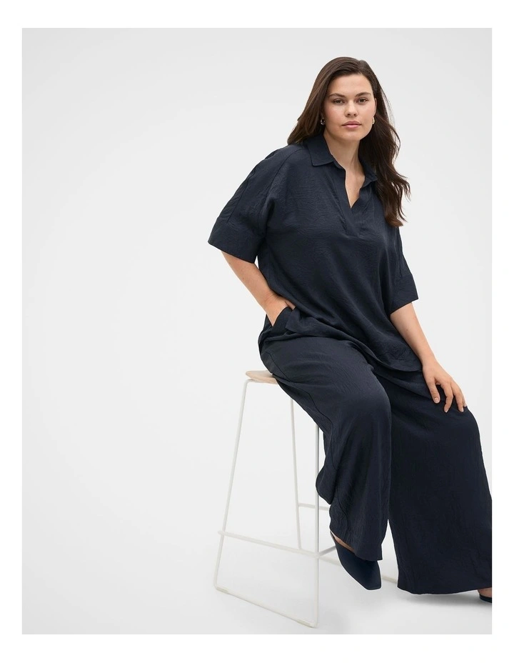 Textured Satin Collared Popover Top in Blue image 3