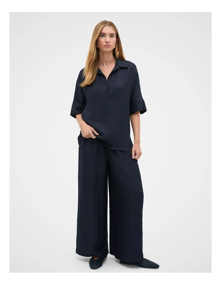 Textured Satin Collared Popover Top in Blue image 4