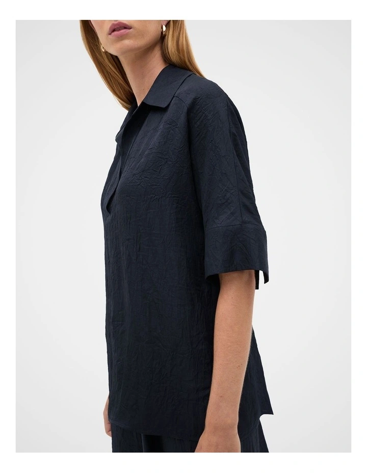 Textured Satin Collared Popover Top in Blue image 5