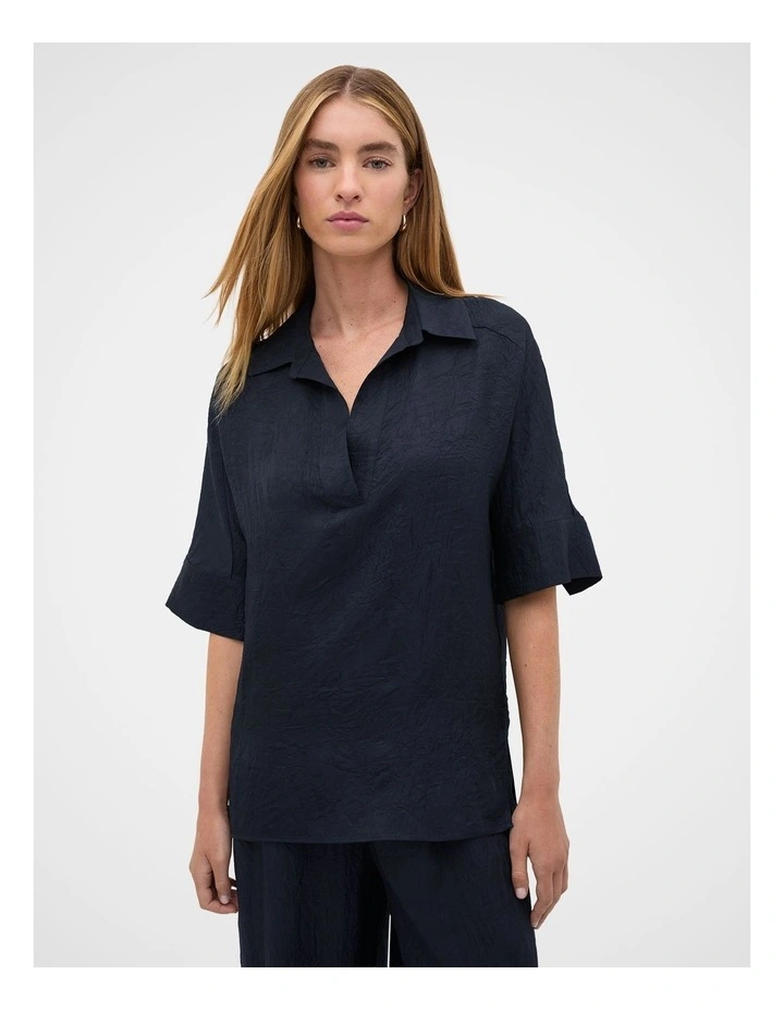 Textured Satin Collared Popover Top in Blue image 6