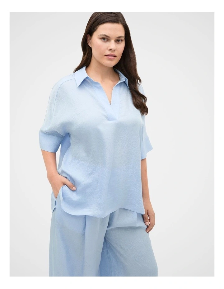 Textured Satin Collared Popover Top in Blue image 1