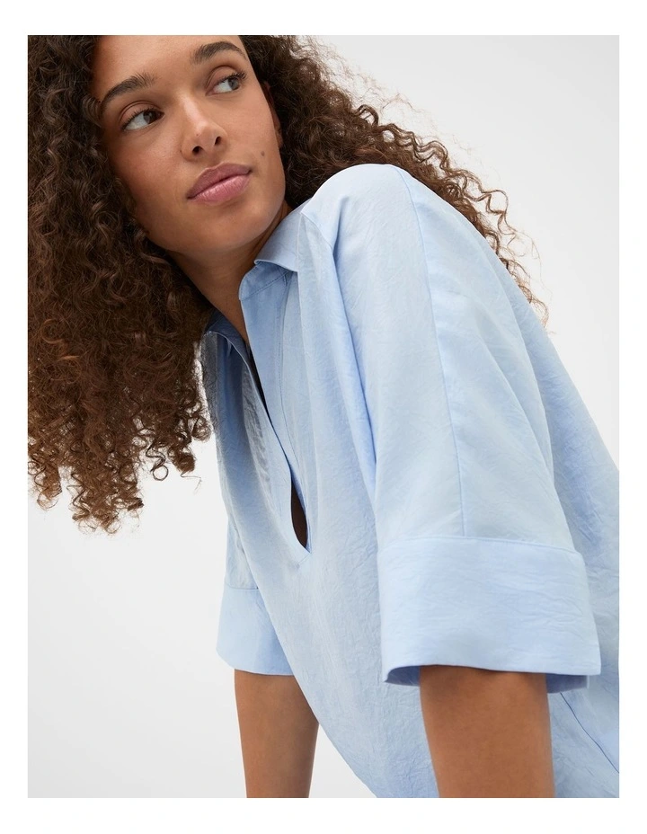 Textured Satin Collared Popover Top in Blue image 6