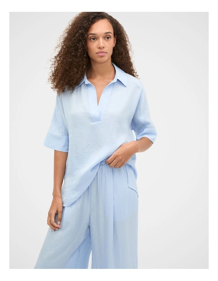 Textured Satin Collared Popover Top in Blue image 7