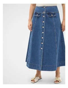 Denim Button Through Swing Skirt in Heritage Wash