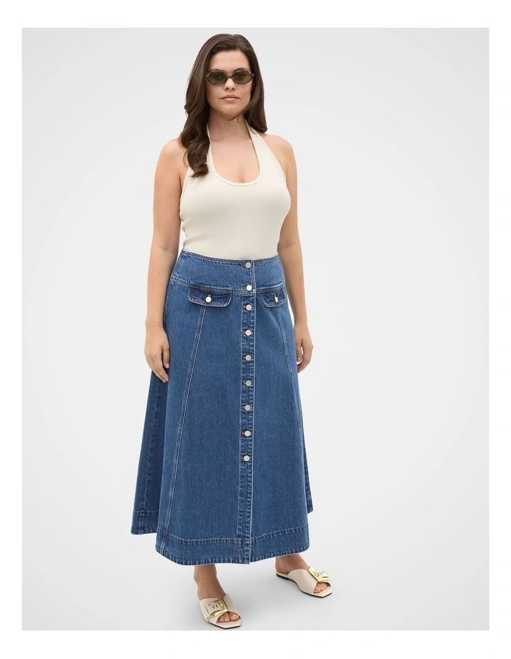 Denim Button Through Swing Skirt in Heritage Wash image 3