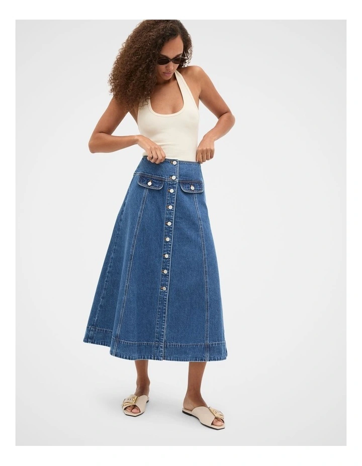 Denim Button Through Swing Skirt in Heritage Wash image 5