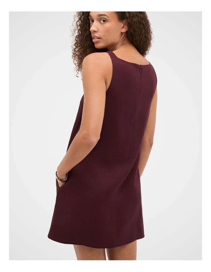 Linen Boat Neck Mini Dress in Plum Red image 2