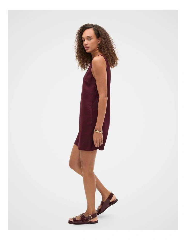 Linen Boat Neck Mini Dress in Plum Red image 3