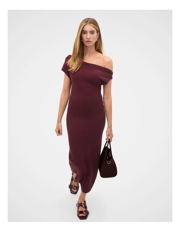 Boucle Fitted Knit Dress in Plum Red image 4