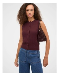 Cotton Blend Button Knit Vest in Plum Red