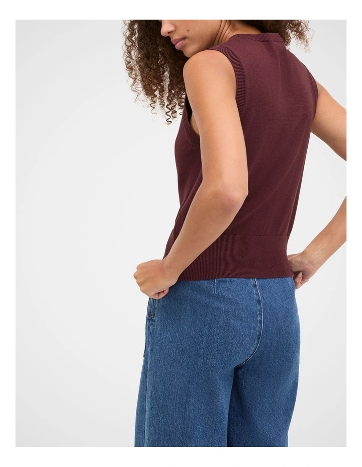 Cotton Blend Button Knit Vest in Plum Red image 2