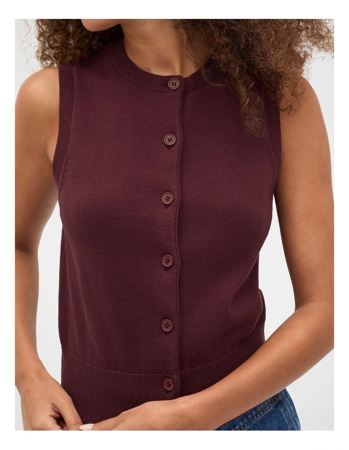 Cotton Blend Button Knit Vest in Plum Red image 4