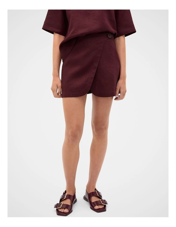 Linen Wrap Skort in Plum Red image 1