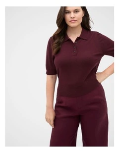 Australian Merino Knit Polo Top in Plum Red