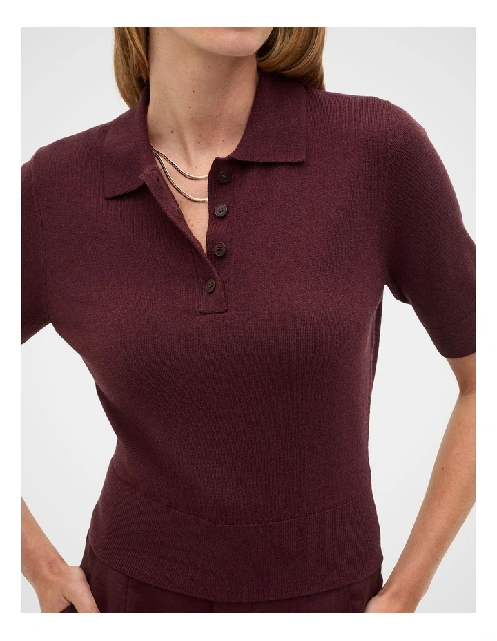 Australian Merino Knit Polo Top in Plum Red image 4