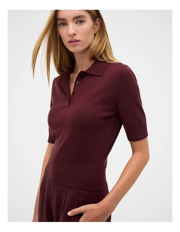 Australian Merino Knit Polo Top in Plum Red image 5