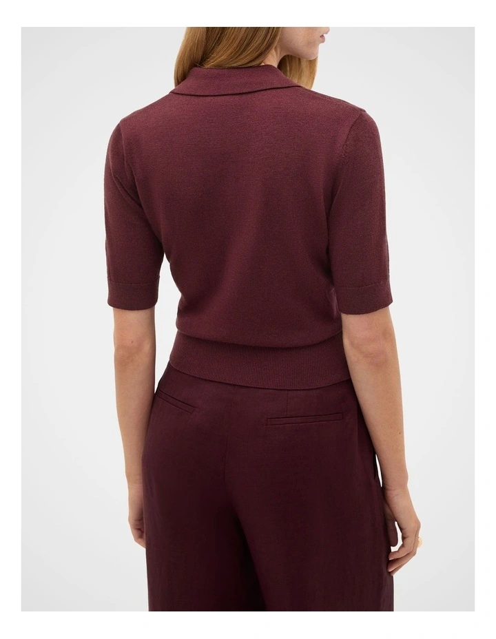 Australian Merino Knit Polo Top in Plum Red image 6