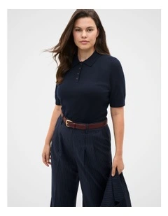 Australian Merino Knit Polo Top in Twilight Blue