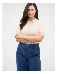 Australian Merino Knit Polo Top in Mist Marle