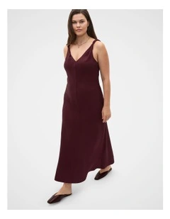 Linen Twist Shoulder Maxi Dress in Plum Red