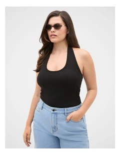 Halter Rib Scoop Neck Tank in Black