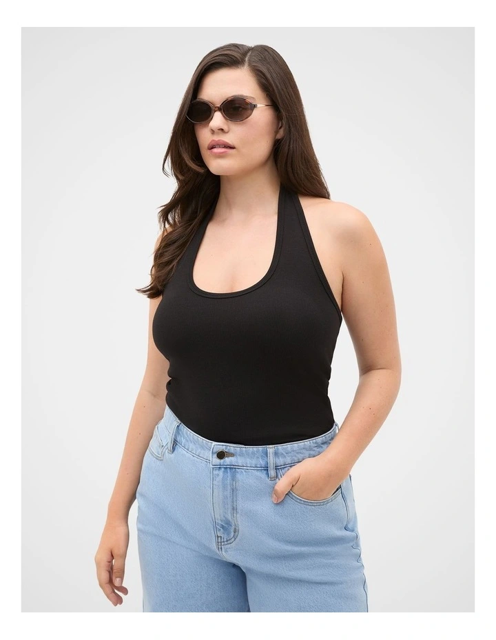 Halter Rib Scoop Neck Tank in Black image 1