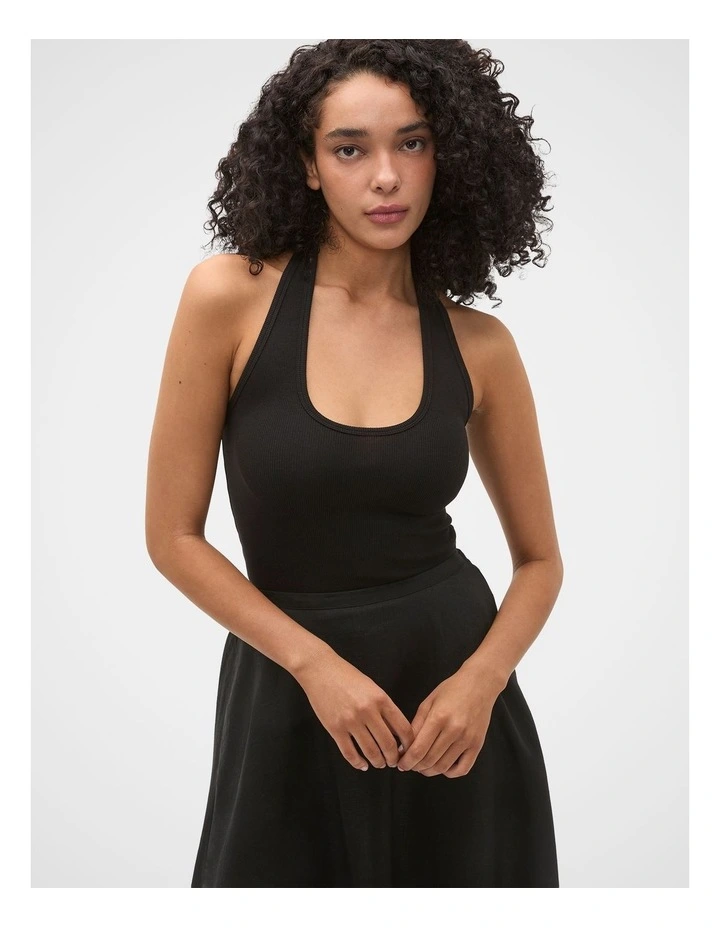 Halter Rib Scoop Neck Tank in Black image 2