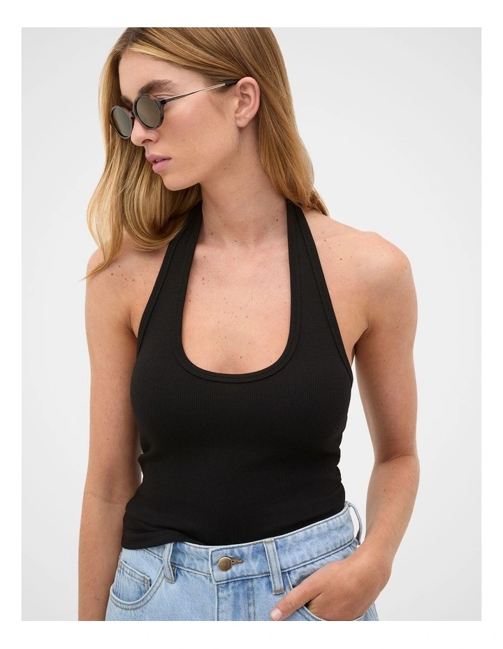 Halter Rib Scoop Neck Tank in Black image 5
