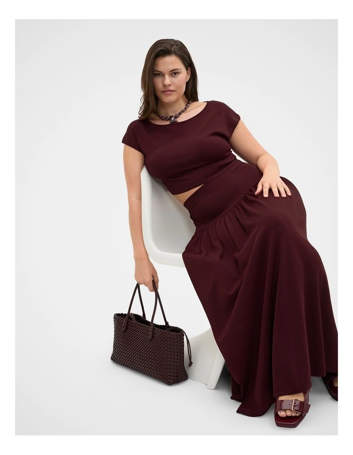 Compact Crepe Knit Skirt in Plum Red image 3