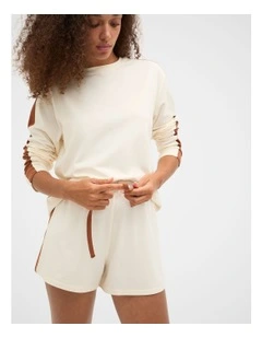 Contrast Long Sleeve Top and Short Pyjama Set in Eggshell