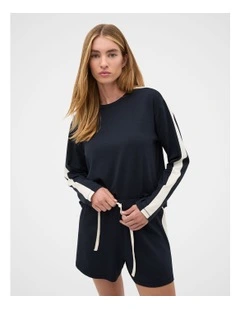 Contrast Long Sleeve Top and Short Pyjama Set in Twilight Blue
