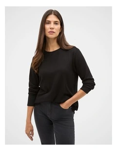Micro Waffle Crew Neck Top in Black