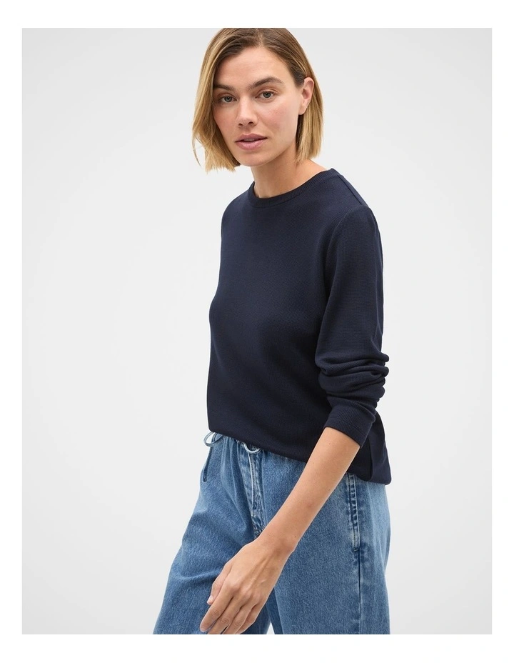 Micro Waffle Crew Neck Top in Twilight Blue image 1
