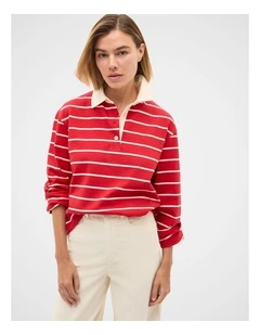 Relaxed Cotton Rugby Polo Top in Poppy Stripe